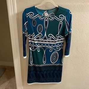 Retro 3/4 Sleeve Patterned Dress, Size 4